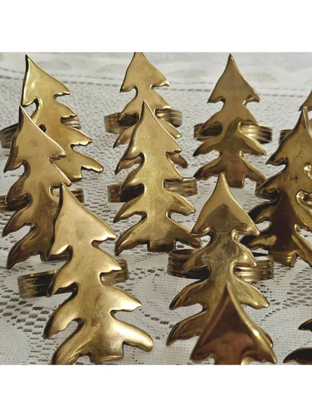 12 Brass Christmas Tree Napkin Rings Holiday Table Decor Gold vintage patina